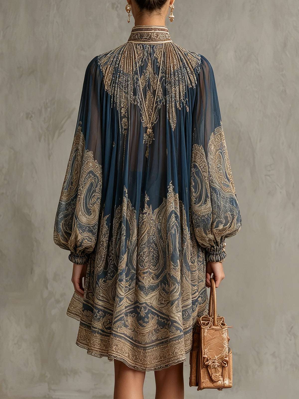 Elegant Navy Paisley Mini Dress for Women with High Neck Balloon Sleeve Embellished Flowing Style