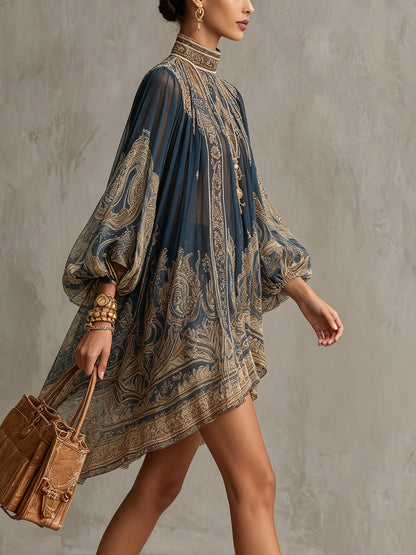 Elegant Navy Paisley Mini Dress for Women with High Neck Balloon Sleeve Embellished Flowing Style