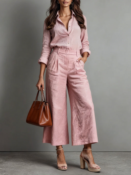 Effortless Linen Wide Leg Set for Women with Collar Long Sleeve Button Front Two Piece Style