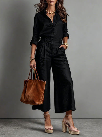 Effortless Linen Wide Leg Set for Women with Collar Long Sleeve Button Front Two Piece Style