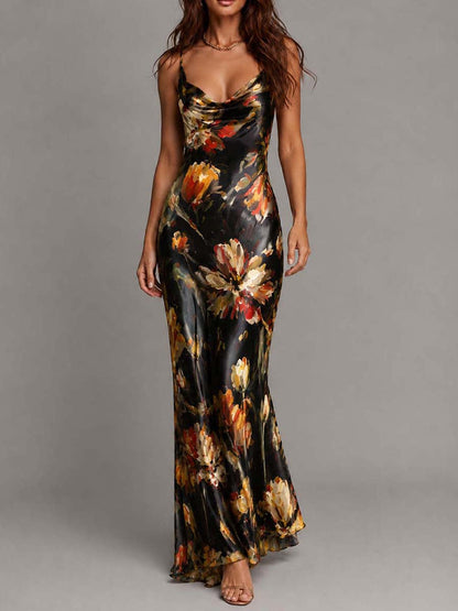 Elegant Black Floral Satin Maxi Dress for Women with Cowl Neck Spaghetti Strap Bodycon Formal Wedding Guest Style
