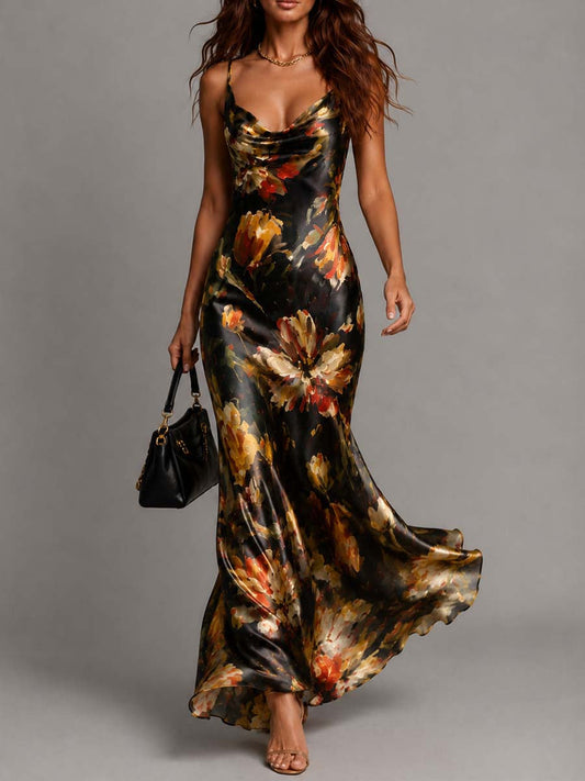 Elegant Black Floral Satin Maxi Dress for Women with Cowl Neck Spaghetti Strap Bodycon Formal Wedding Guest Style