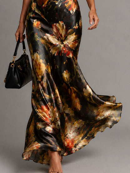 Elegant Black Floral Satin Maxi Dress for Women with Cowl Neck Spaghetti Strap Bodycon Formal Wedding Guest Style