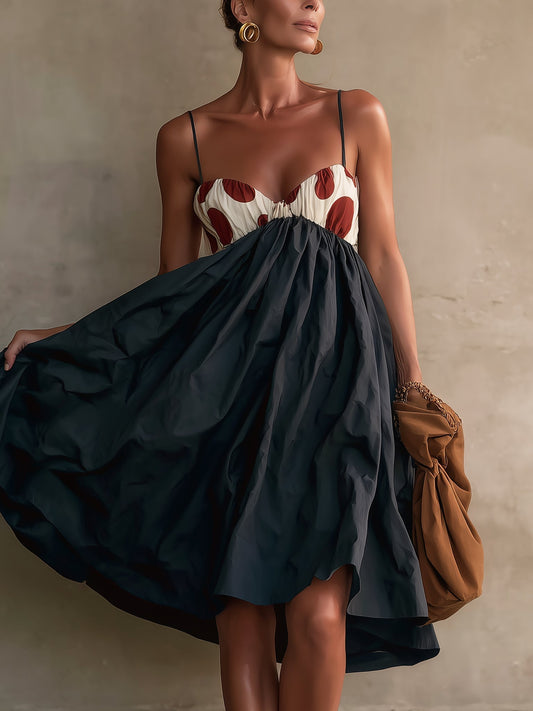 Elegant Black Polka Dot Mini Dress for Women with Sweetheart Neck Spaghetti Strap Empire Waist Flowing Style