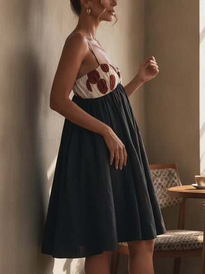 Elegant Black Polka Dot Mini Dress for Women with Sweetheart Neck Spaghetti Strap Empire Waist Flowing Style