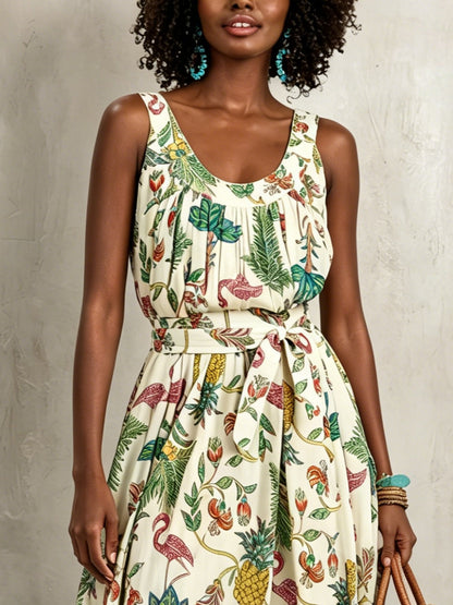 Effortless Ivory Tropical Print Maxi Dress for Women with Scoop Neck Sleeveless Tie Waist Flowing Bohemian Style