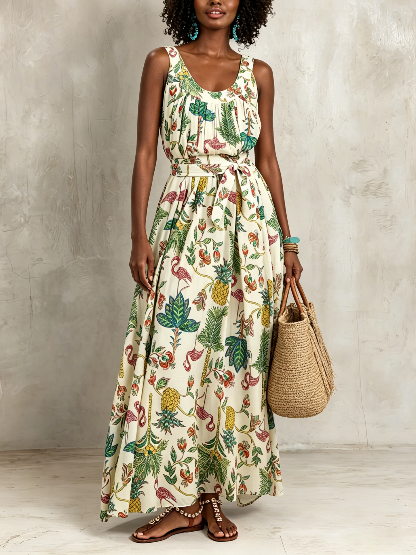 Effortless Ivory Tropical Print Maxi Dress for Women with Scoop Neck Sleeveless Tie Waist Flowing Bohemian Style