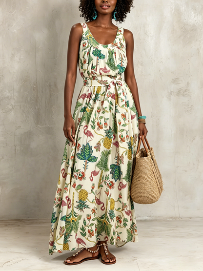 Effortless Ivory Tropical Print Maxi Dress for Women with Scoop Neck Sleeveless Tie Waist Flowing Bohemian Style