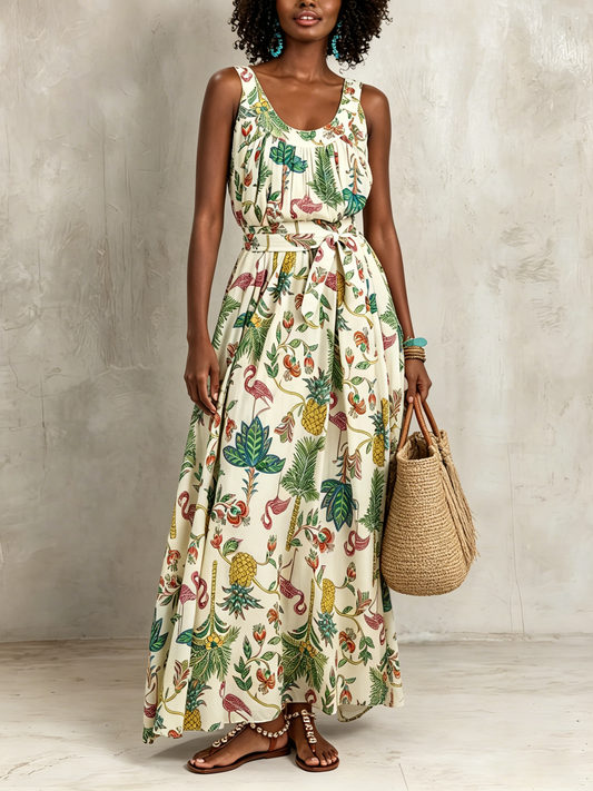 Effortless Ivory Tropical Print Maxi Dress for Women with Scoop Neck Sleeveless Tie Waist Flowing Bohemian Style