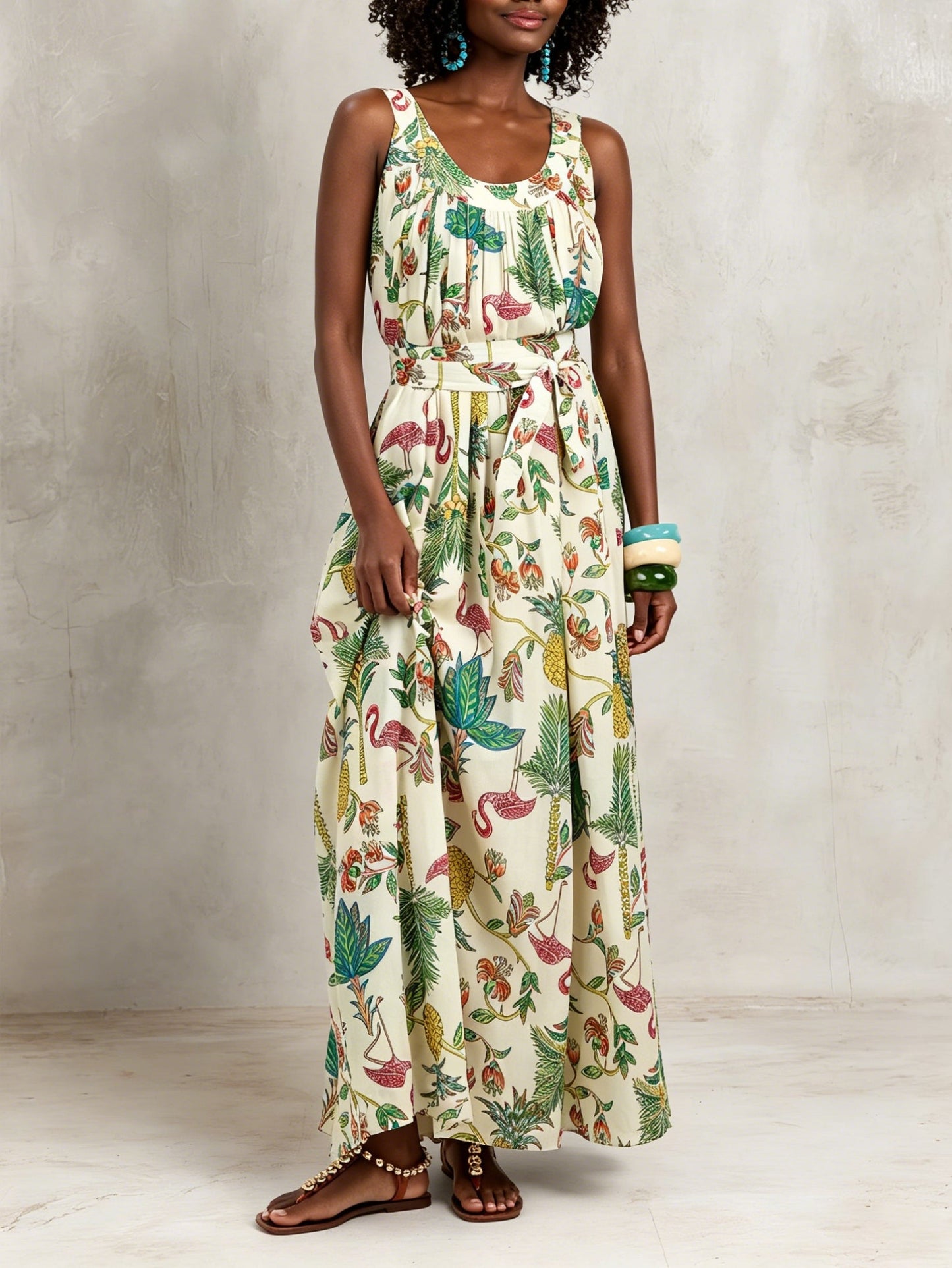 Effortless Ivory Tropical Print Maxi Dress for Women with Scoop Neck Sleeveless Tie Waist Flowing Bohemian Style