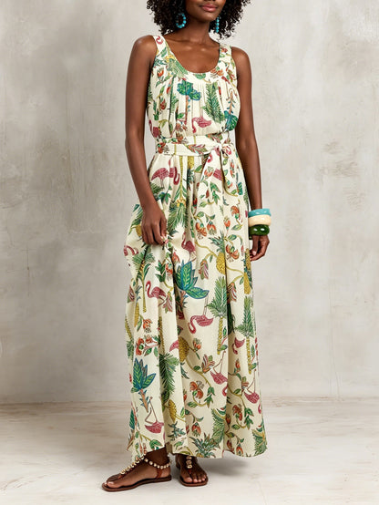 Effortless Ivory Tropical Print Maxi Dress for Women with Scoop Neck Sleeveless Tie Waist Flowing Bohemian Style
