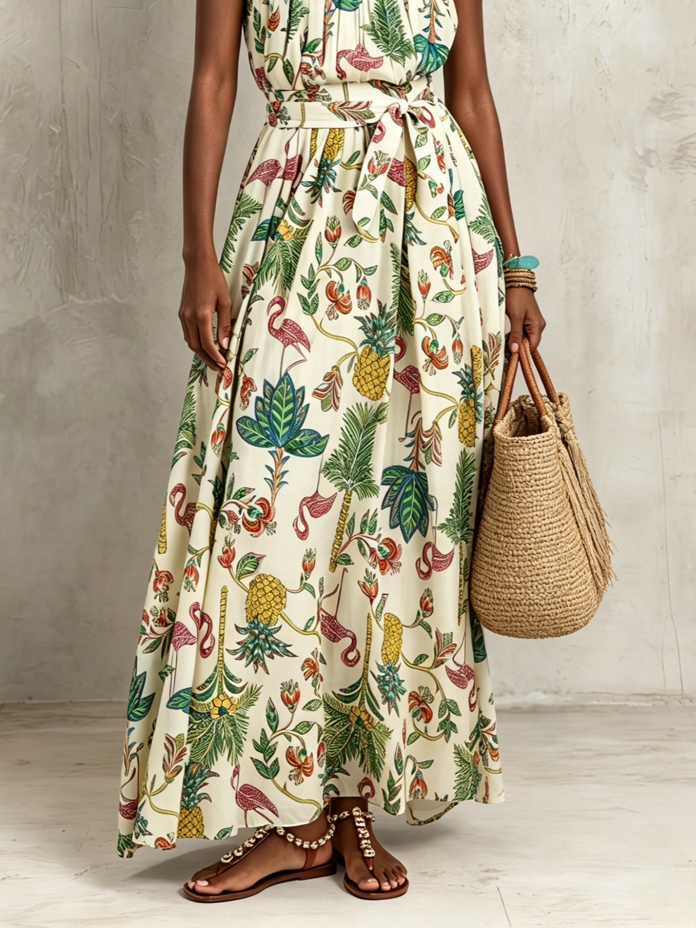 Effortless Ivory Tropical Print Maxi Dress for Women with Scoop Neck Sleeveless Tie Waist Flowing Bohemian Style