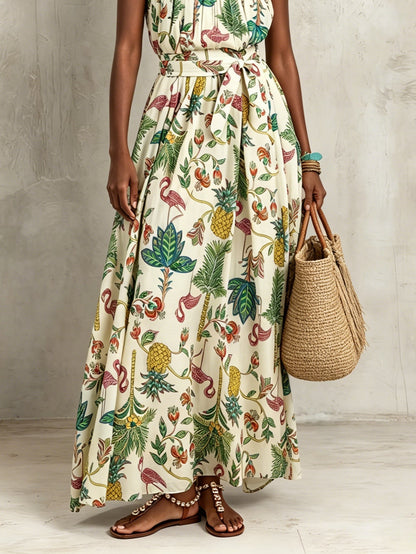 Effortless Ivory Tropical Print Maxi Dress for Women with Scoop Neck Sleeveless Tie Waist Flowing Bohemian Style