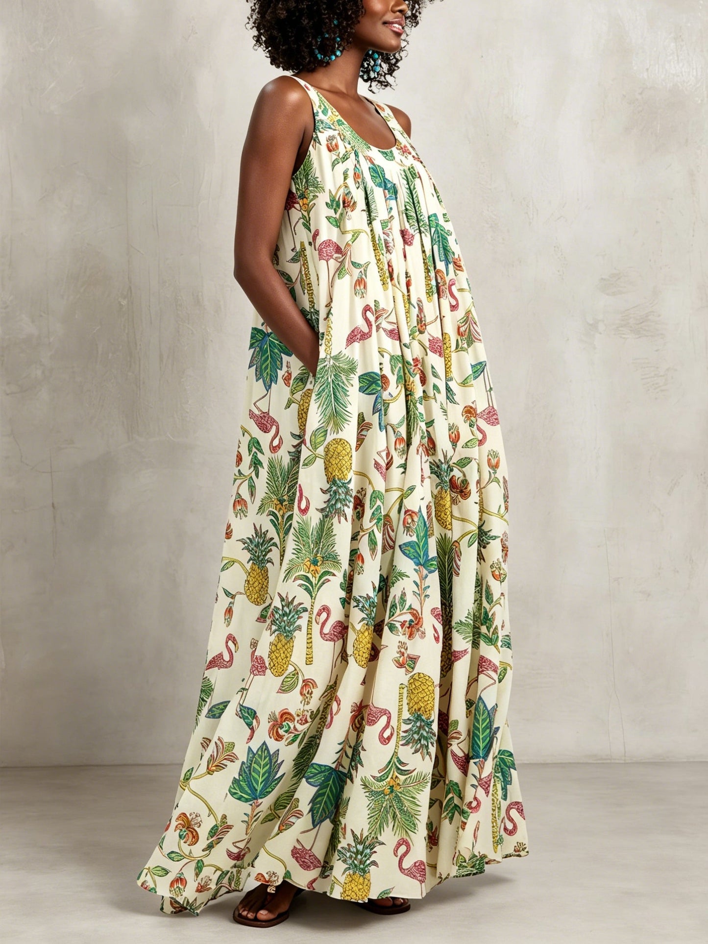 Effortless Ivory Tropical Print Maxi Dress for Women with Scoop Neck Sleeveless Tie Waist Flowing Bohemian Style