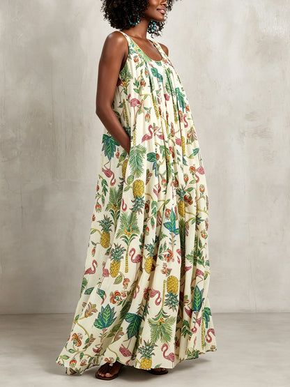 Effortless Ivory Tropical Print Maxi Dress for Women with Scoop Neck Sleeveless Tie Waist Flowing Bohemian Style