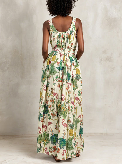 Effortless Ivory Tropical Print Maxi Dress for Women with Scoop Neck Sleeveless Tie Waist Flowing Bohemian Style