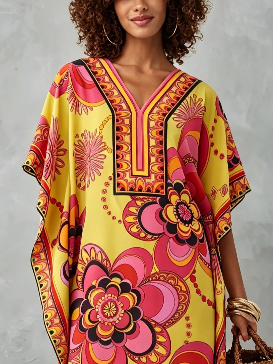 Effortless Multicolor Print Kaftan Dress for Women with V Neck Batwing Sleeve Flowing Bohemian Style