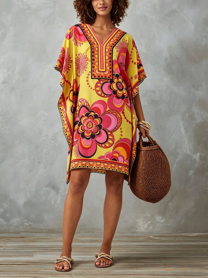 Effortless Multicolor Print Kaftan Dress for Women with V Neck Batwing Sleeve Flowing Bohemian Style