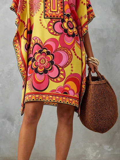 Effortless Multicolor Print Kaftan Dress for Women with V Neck Batwing Sleeve Flowing Bohemian Style