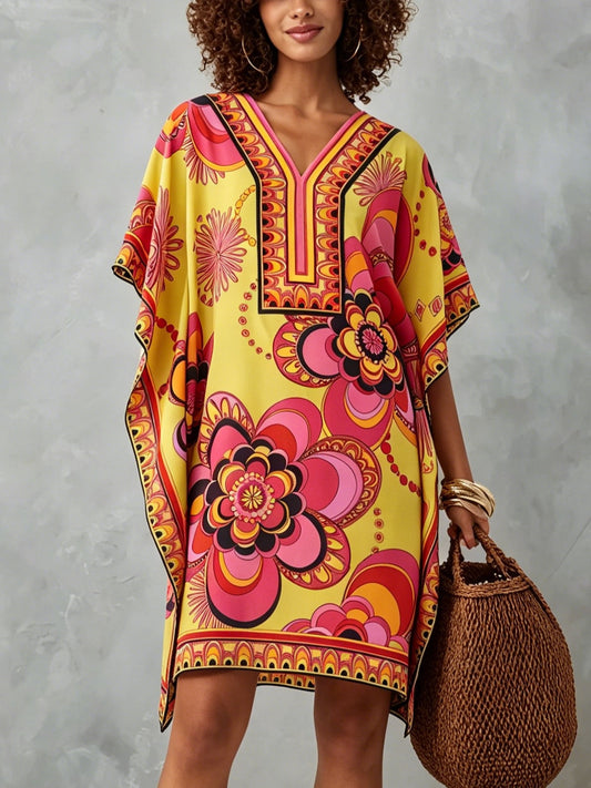 Effortless Multicolor Print Kaftan Dress for Women with V Neck Batwing Sleeve Flowing Bohemian Style