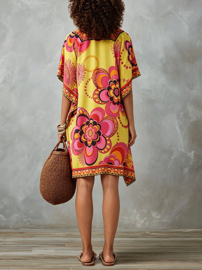 Effortless Multicolor Print Kaftan Dress for Women with V Neck Batwing Sleeve Flowing Bohemian Style