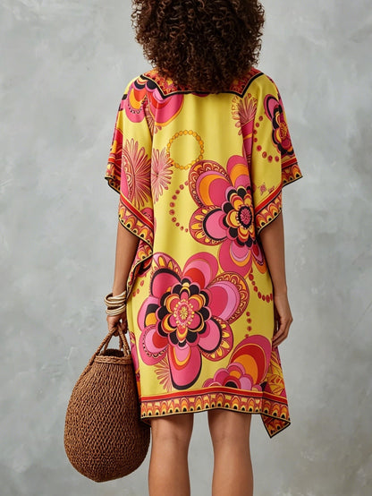 Effortless Multicolor Print Kaftan Dress for Women with V Neck Batwing Sleeve Flowing Bohemian Style