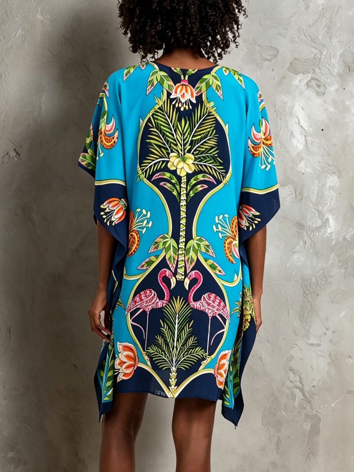 Elegant Blue Tropical Print Kaftan Dress for Women with V Neck Batwing Sleeve Flowing Bohemian Style