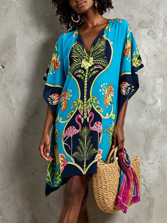 Elegant Blue Tropical Print Kaftan Dress for Women with V Neck Batwing Sleeve Flowing Bohemian Style