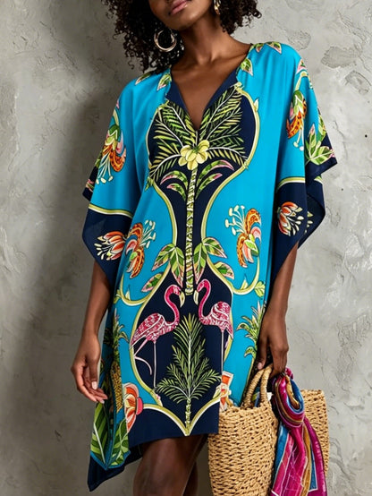Elegant Blue Tropical Print Kaftan Dress for Women with V Neck Batwing Sleeve Flowing Style