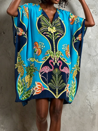 Elegant Blue Tropical Print Kaftan Dress for Women with V Neck Batwing Sleeve Flowing Bohemian Style
