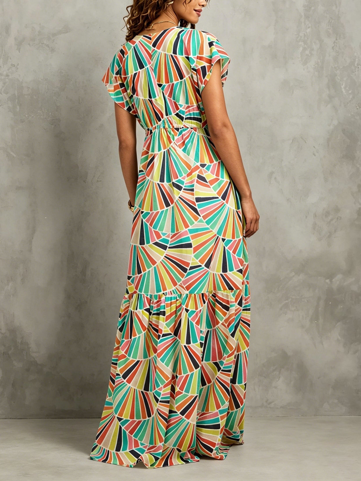 Effortless Multicolor Geometric Print Maxi Dress for Women with V Neck Cap Sleeve Tiered Ruffle Bohemian Style