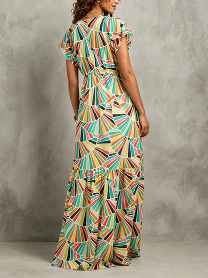Effortless Multicolor Geometric Print Maxi Dress for Women with V Neck Cap Sleeve Tiered Ruffle Bohemian Style