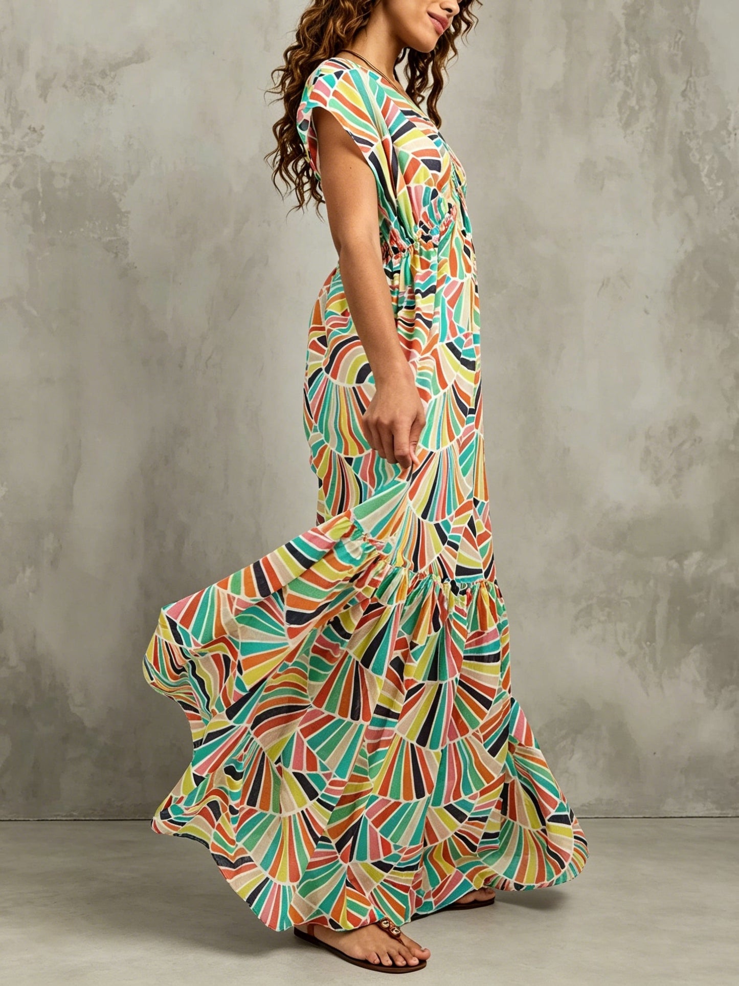 Effortless Multicolor Geometric Print Maxi Dress for Women with V Neck Cap Sleeve Tiered Ruffle Bohemian Style
