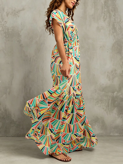 Effortless Multicolor Geometric Print Maxi Dress for Women with V Neck Cap Sleeve Tiered Ruffle Bohemian Style