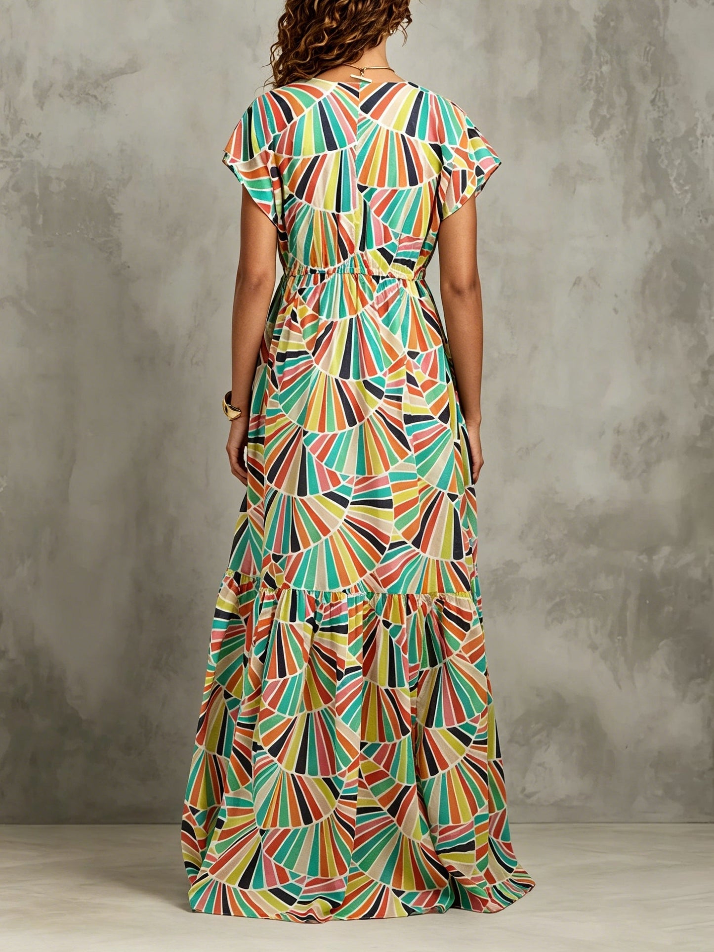 Effortless Multicolor Geometric Print Maxi Dress for Women with V Neck Cap Sleeve Tiered Ruffle Bohemian Style