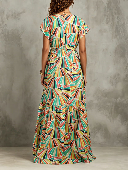 Effortless Multicolor Geometric Print Maxi Dress for Women with V Neck Cap Sleeve Tiered Ruffle Bohemian Style