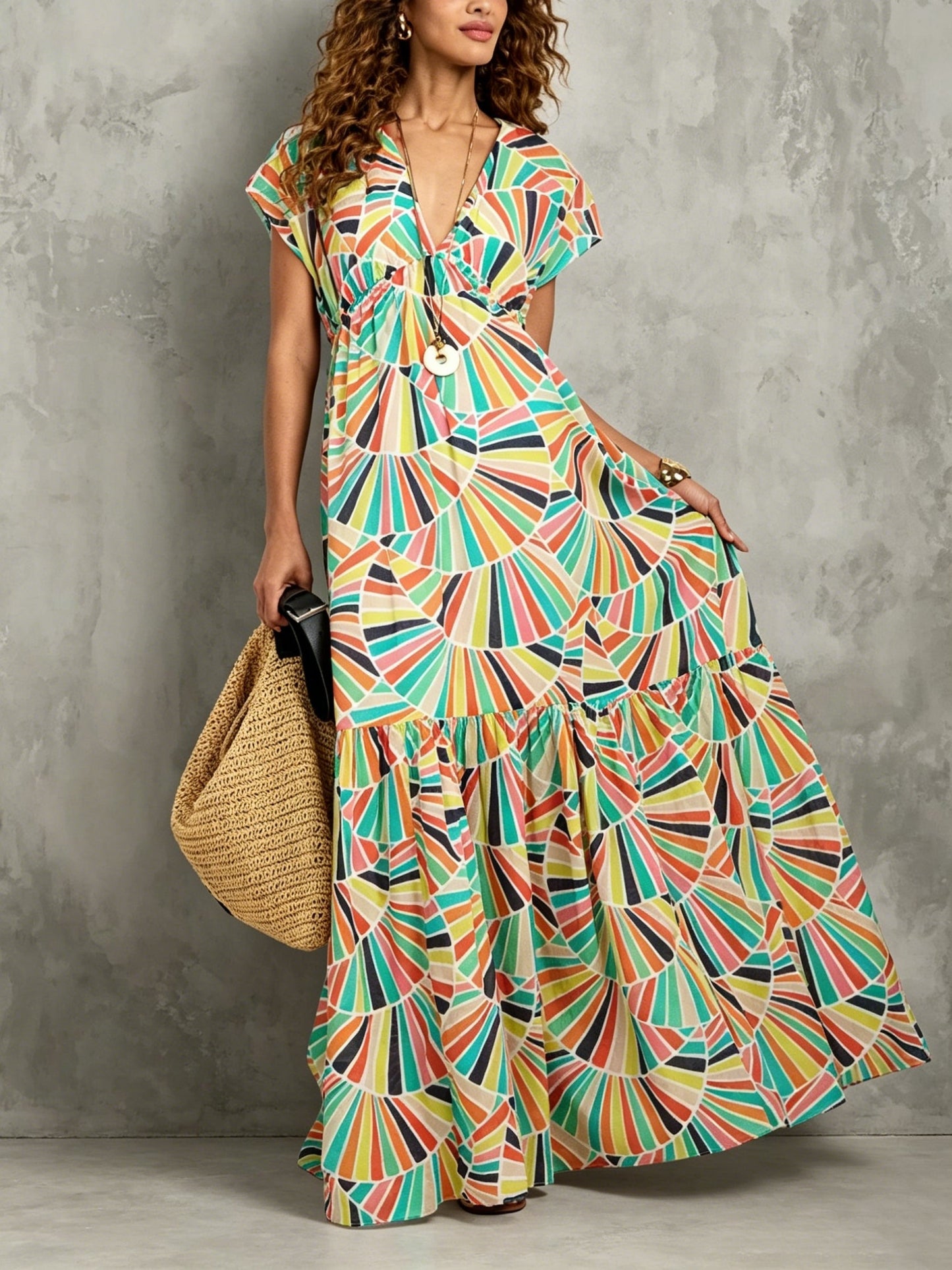 Effortless Multicolor Geometric Print Maxi Dress for Women with V Neck Cap Sleeve Tiered Ruffle Bohemian Style