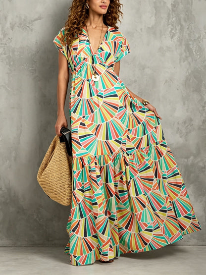 Effortless Multicolor Geometric Print Maxi Dress for Women with V Neck Cap Sleeve Tiered Ruffle Bohemian Style