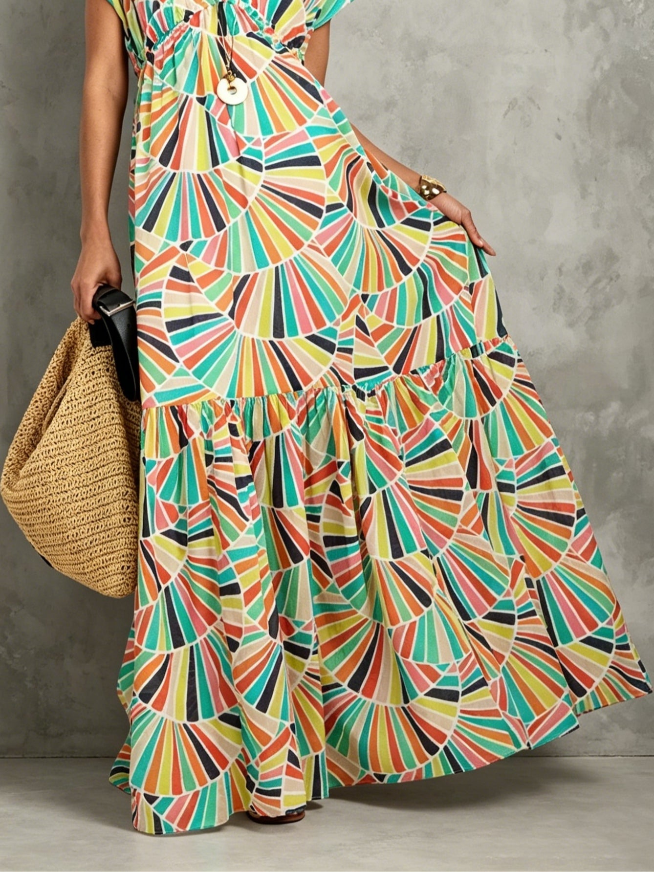 Effortless Multicolor Geometric Print Maxi Dress for Women with V Neck Cap Sleeve Tiered Ruffle Bohemian Style