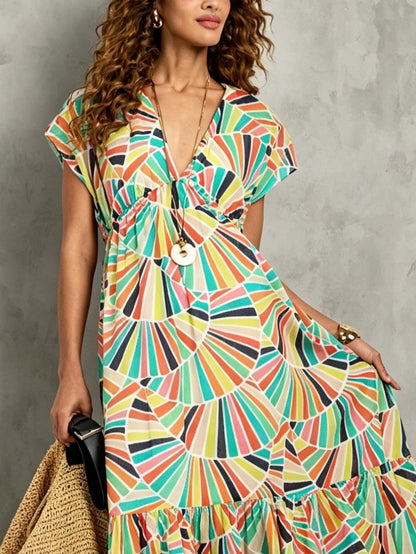 Effortless Multicolor Geometric Print Maxi Dress for Women with V Neck Cap Sleeve Tiered Ruffle Bohemian Style