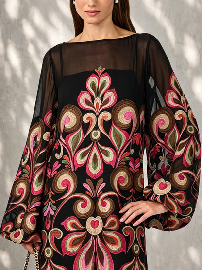 Elegant Black Embroidered Mini Dress for Women with Square Neck Balloon Sleeve Sheer Bohemian Style