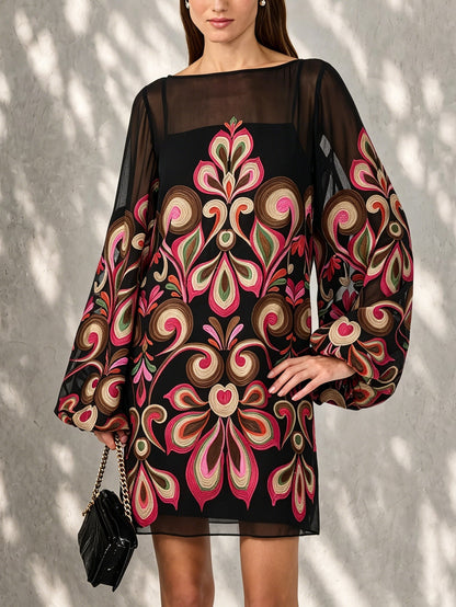 Elegant Black Embroidered Mini Dress for Women with Square Neck Balloon Sleeve Sheer Bohemian Style