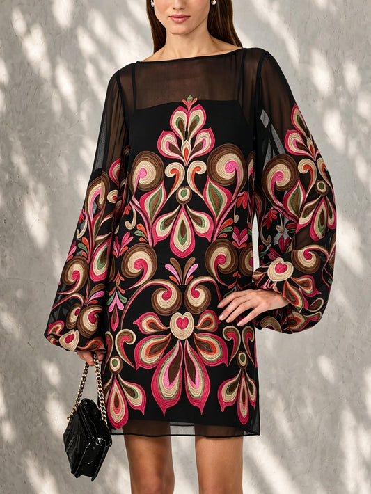 Elegant Black Embroidered Mini Dress for Women with Square Neck Balloon Sleeve Sheer Bohemian Style