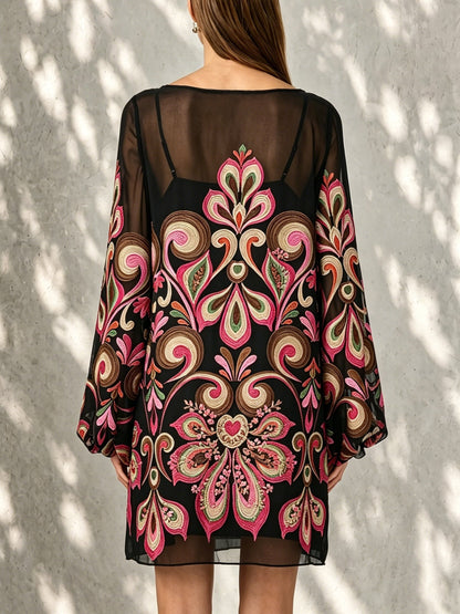 Elegant Black Embroidered Mini Dress for Women with Square Neck Balloon Sleeve Sheer Bohemian Style