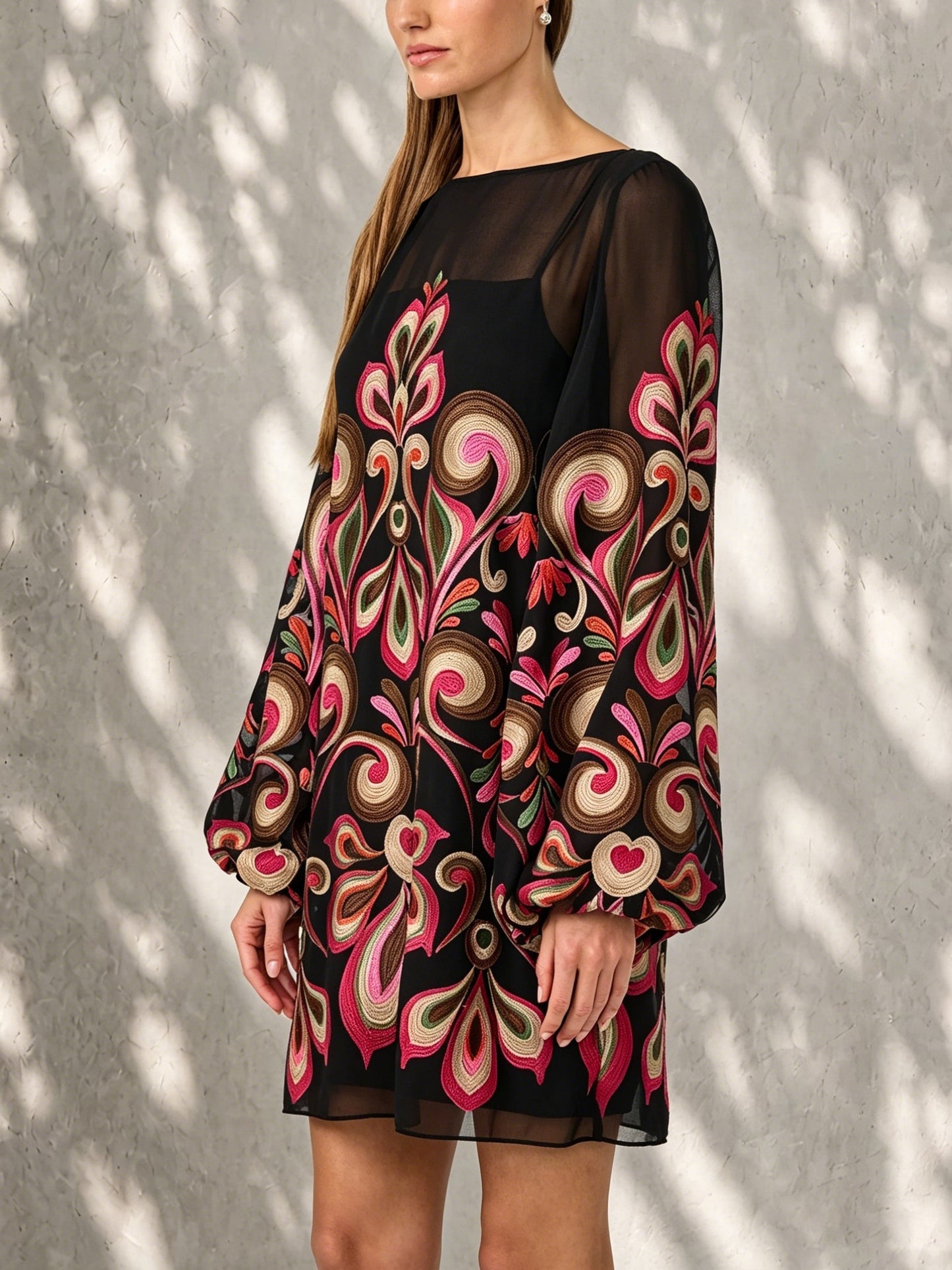 Elegant Black Embroidered Mini Dress for Women with Square Neck Balloon Sleeve Sheer Bohemian Style