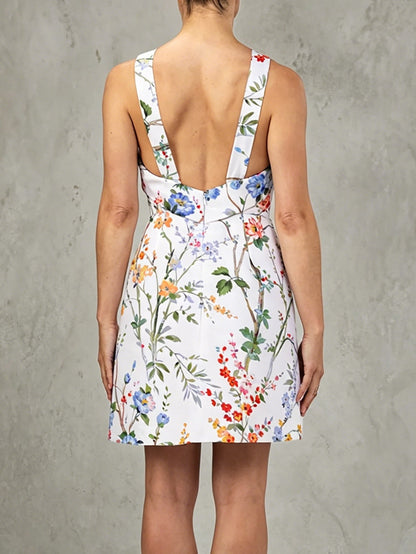 Elegant White Floral Mini Dress for Women with Crisscross Halter Bow Detail A Line Style
