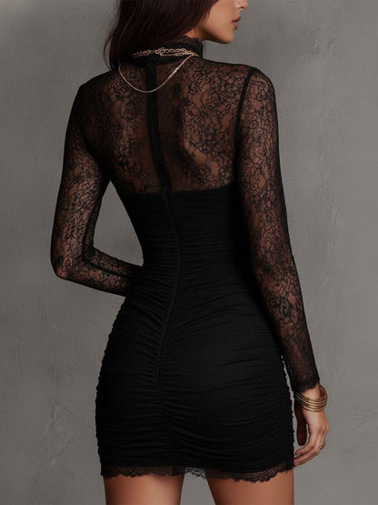 Elegant Black Lace Mini Dress for Women with High Neck Long Sleeve Ruched Bodycon Cocktail Style