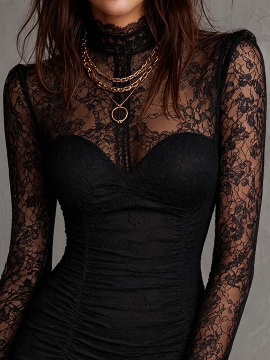 Elegant Black Lace Mini Dress for Women with High Neck Long Sleeve Ruched Bodycon Cocktail Style