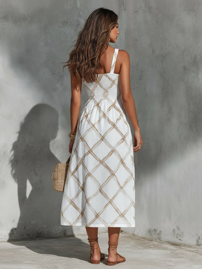 Effortless White Diamond Print Midi Dress for Women with Square Neck Sleeveless Smocked A Line Boho Style