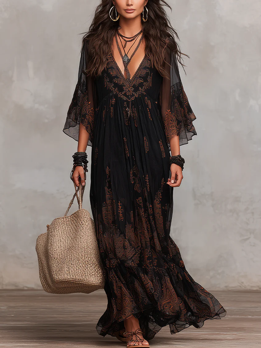 Elegant Black Paisley Maxi Dress for Women with V Neck Bell Sleeve Empire Waist Flowing Bohemian Style